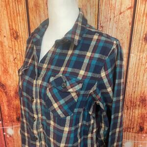 Bit & Bridle 100% Cotton Plaid button down shirt women size Medium red cream blu